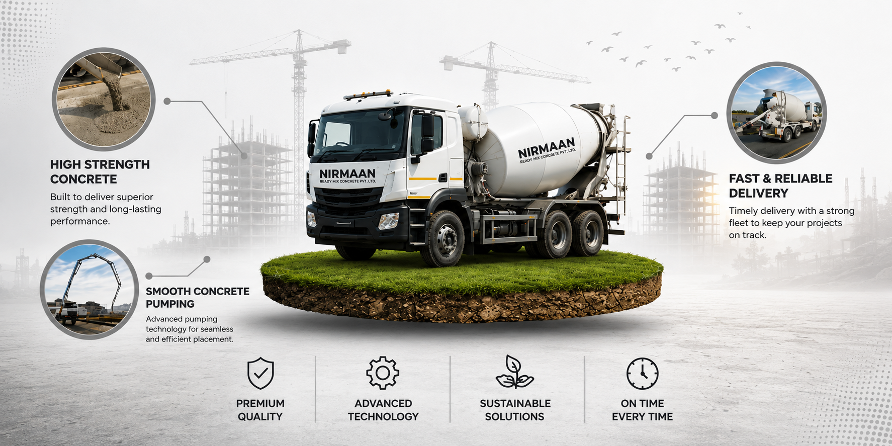 Nirman RMC transit mixer delivering ready-mix concrete